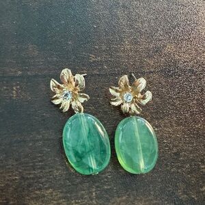 Gold and Green Floral Drop Earrings